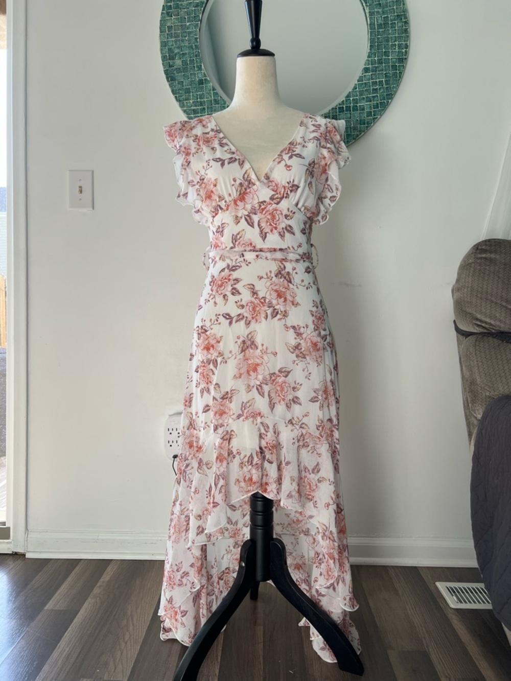 Altar'd State White Floral High-Low Dress with Pink Rose Print